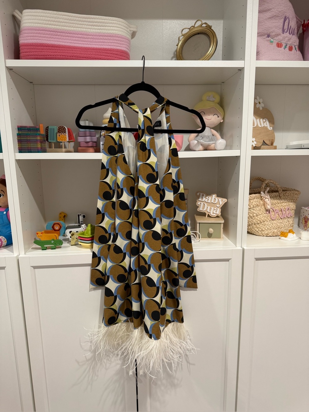 Zara Multicolor Geometric Halter Dress with Feather Hem